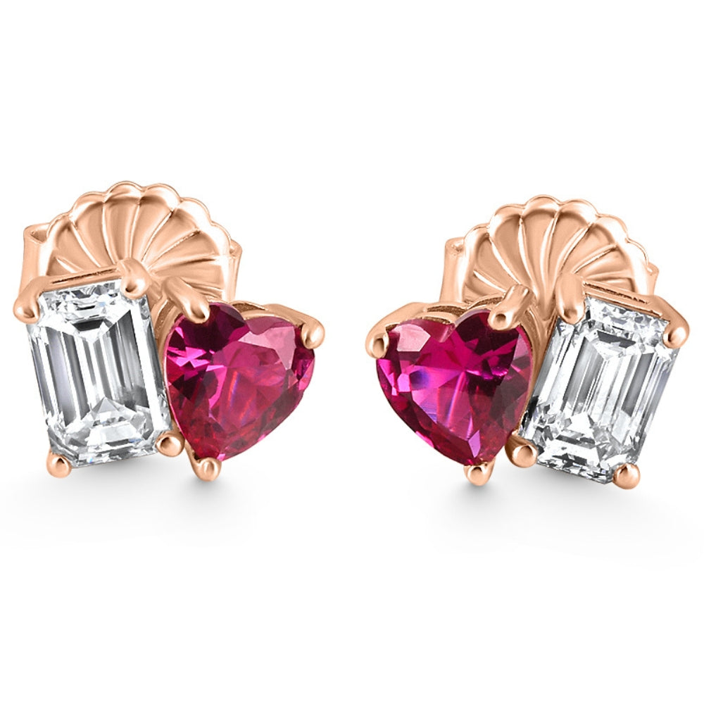 4Ct Toi Et Moi Emerald Diamant & Rubin Herz Ohrstecker 14k Gold Lab gewachsen