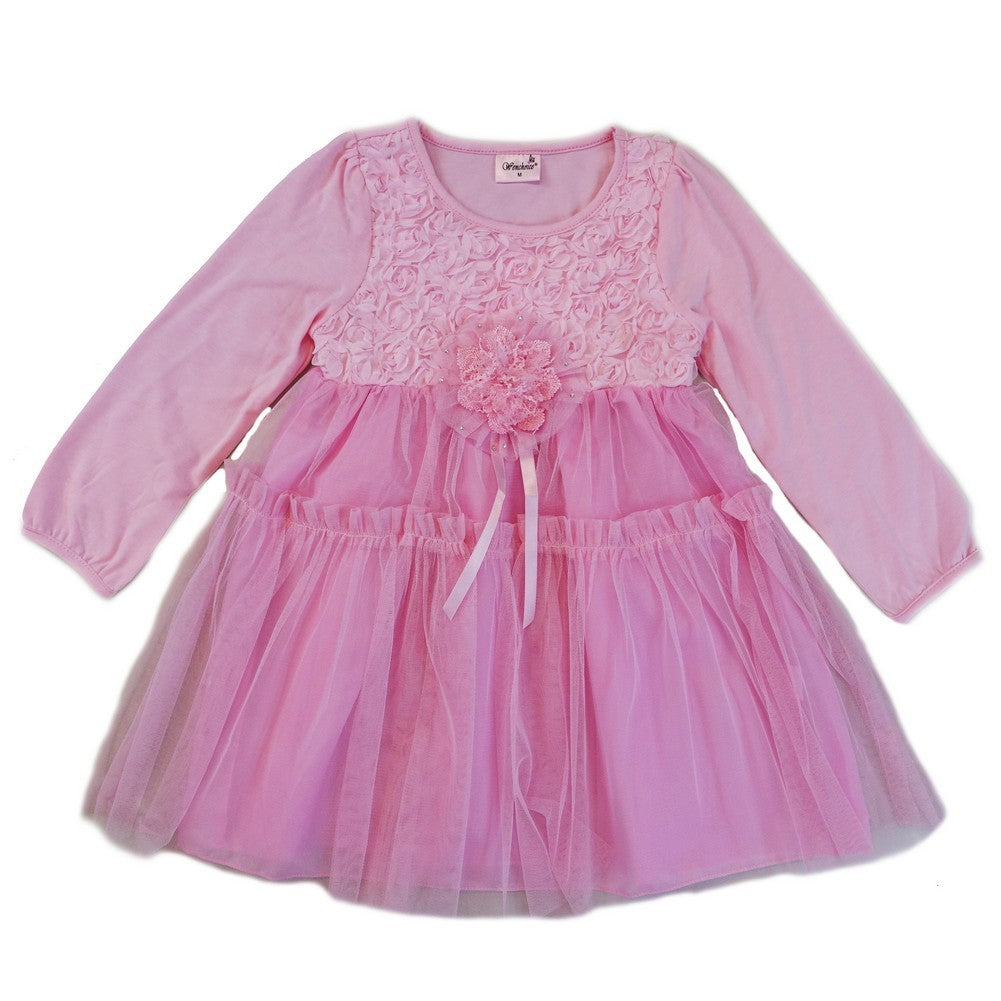 Langärmliges Kleid mit 3D-Blumenverzierung für Mädchen, Rosa, S (9–24 M)–XL (6–8)
