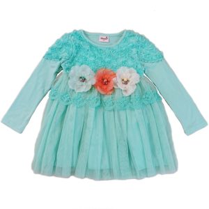Blaugrünes Mädchenkleid mit 3D-Blumen und Spitzenverzierung S (9–24 Monate)–XL (6–8)