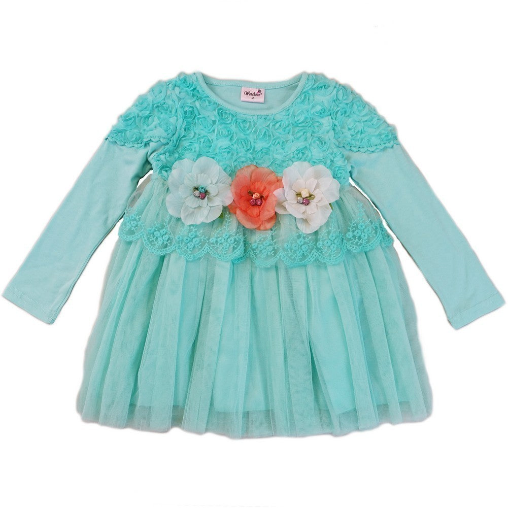 Blaugrünes Mädchenkleid mit 3D-Blumen und Spitzenverzierung S (9–24 Monate)–XL (6–8)