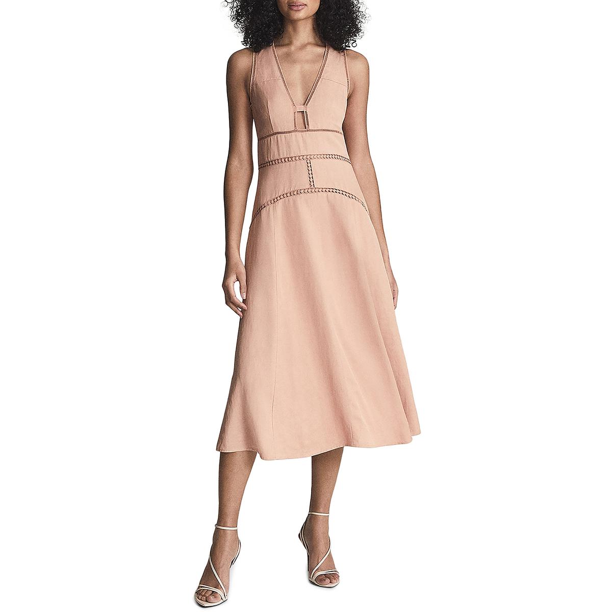 Leena Leinen Mischung Spitzeneinsatz Midi Kleid