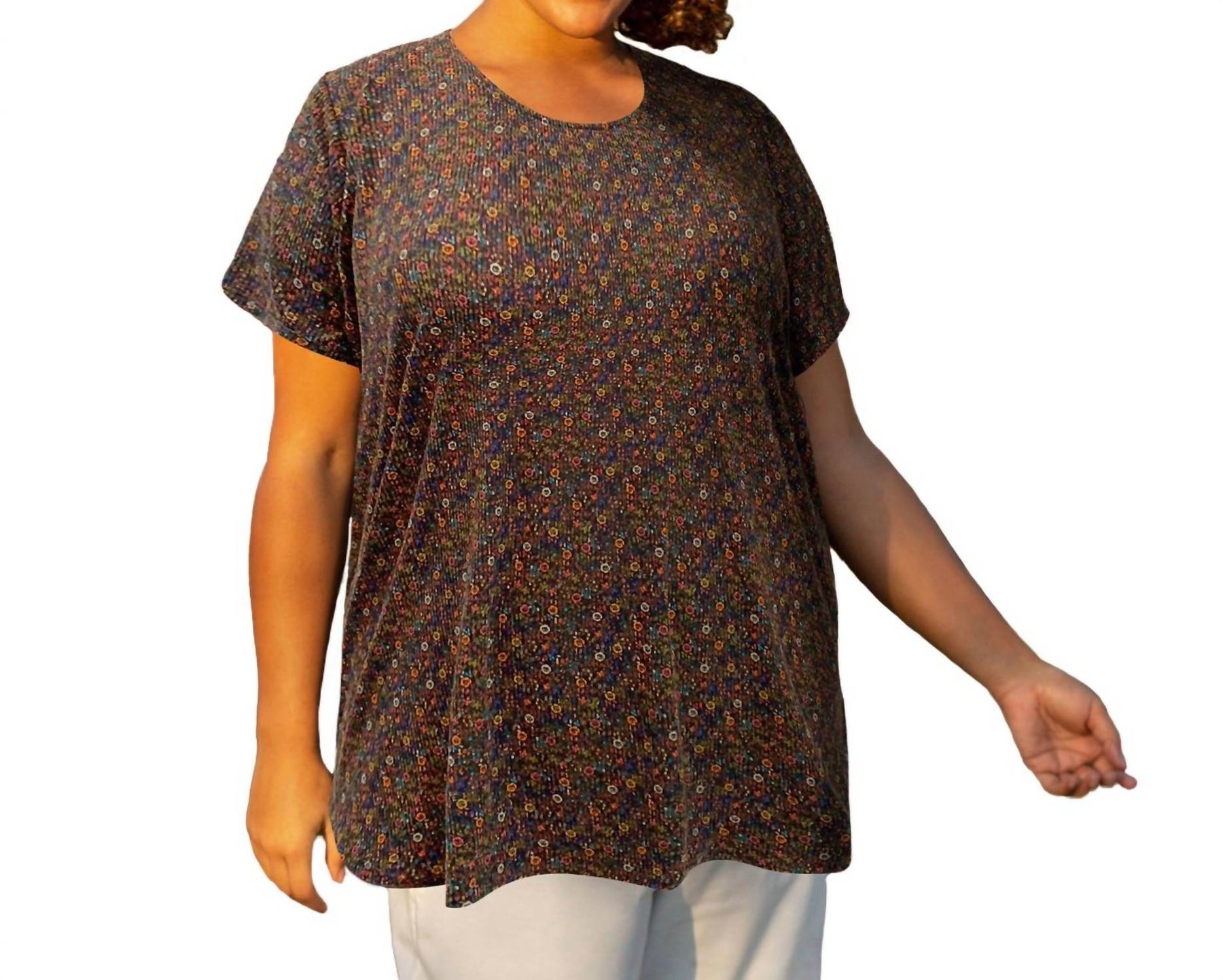 Gedruckt weiter Rundhalsausschnitt Kurzarm Taylor Tunika – plus Größe in Mehrfarbig Color Ditzy mit Blumenmuster