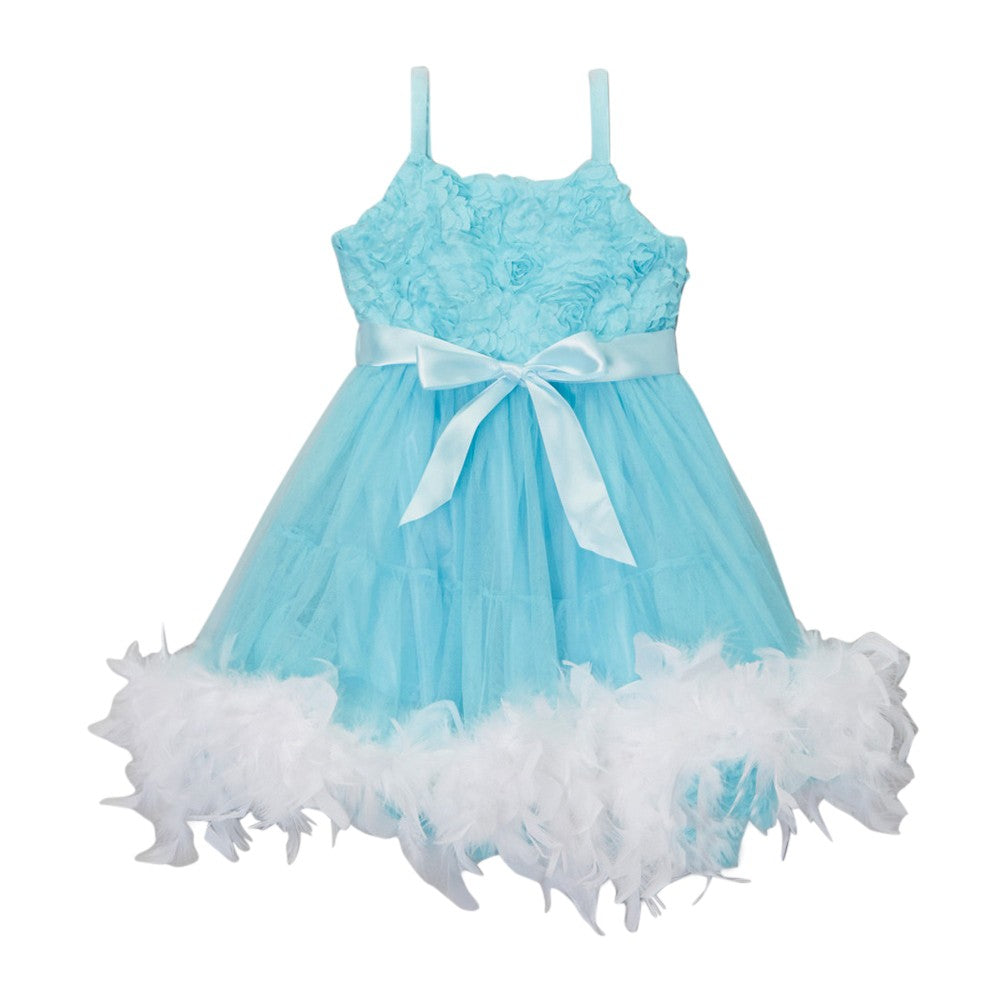 Mädchen Blau Weiß Gefrorene Feder Rosette Blumenmädchen Kleid 12M-10