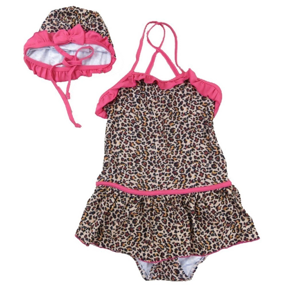 Kleine Mädchen braun Leopardenmuster Rüschen Besatz Kappe Badeanzug 2T-7