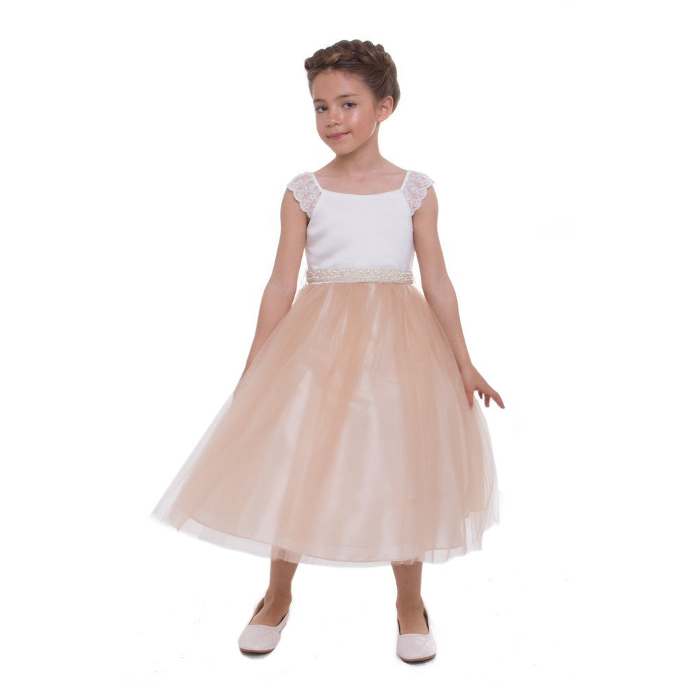 Kleine Mädchen Champagner Spitze Kappe Ärmel Blumenmädchen Kleid 2T-6