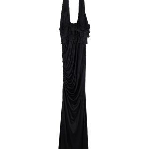 Versace Tiefes V-Ausschnitt Neckholder Abendkleid in schwarzer Seide
