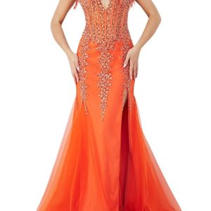 Deep V-Ausschnitt verziert Meerjungfrau Kleid in orange