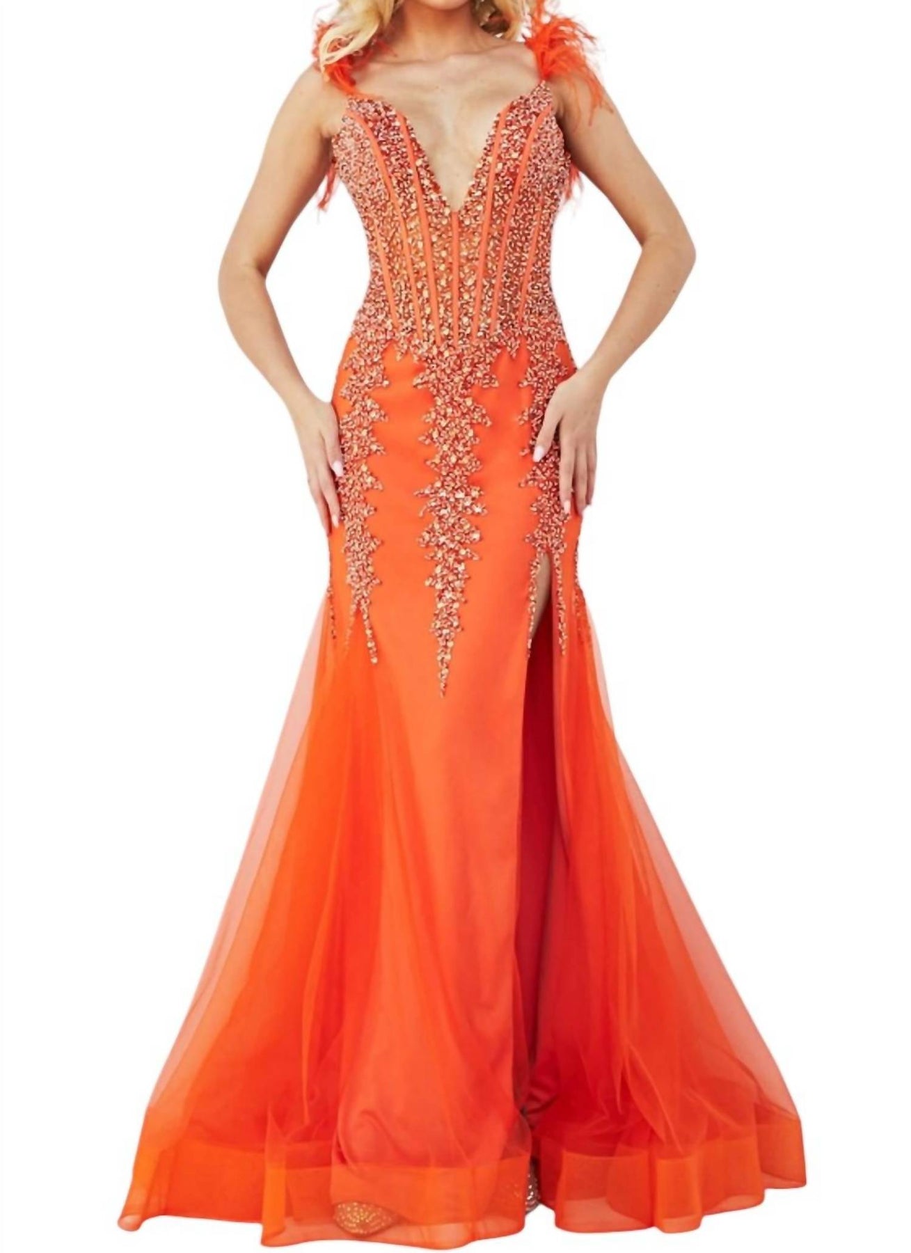 Tiefes V-Ausschnitt verziertes Meerjungfrau-Kleid in Orange