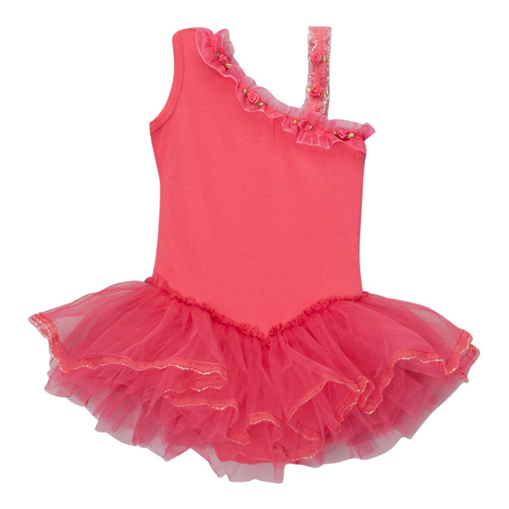 Mädchen heißen rosa Rüschen asymmetrische Schulter Ballett Kleid 12M-10