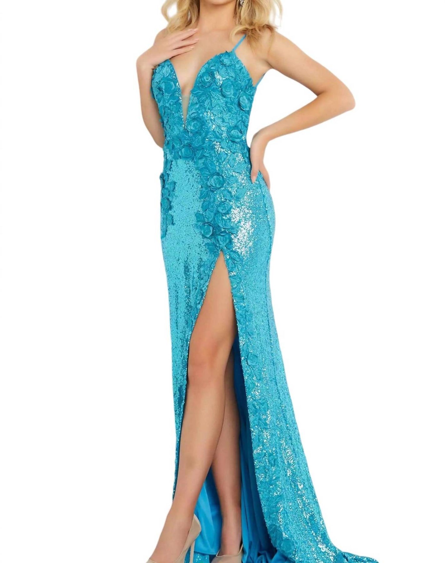 Mit Blumenmuster Appliques rückenfreies Kleid in Turqu