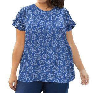 Kurzarm Rüschenbluse – plus Größe in blauer Kugel blumig