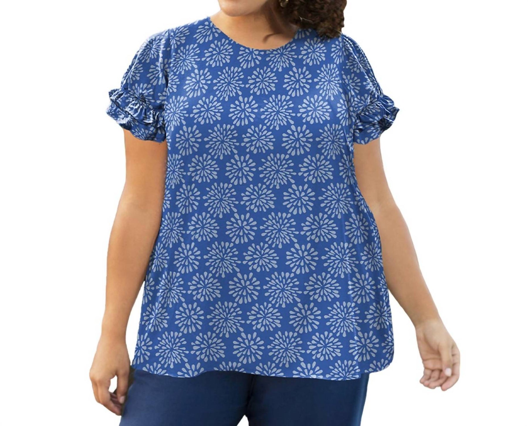 Kurzarm Rüschen Bluse – plus Größe in Blau Globe mit Blumenmuster