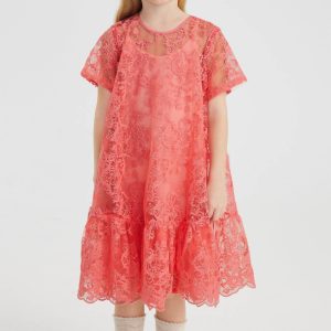 Kinder Spitze Rüschen unten Kleid in Lachs
