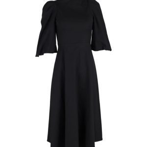 Perlmutt-Sofia-Midikleid mit Puffärmeln aus schwarzer Baumwolle
