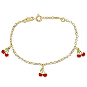 Mimi & Max Children’s weiß und rot emailliert Kirsche Charm Link Armband in gelbem Sterling Silber – 6.5+1 in.