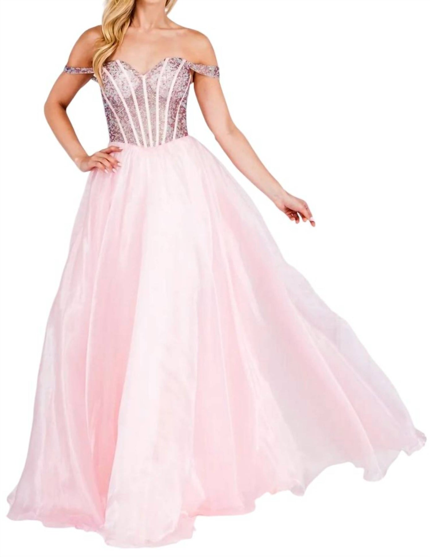 Perlen von der Schulter Organza Kleid in Rosa