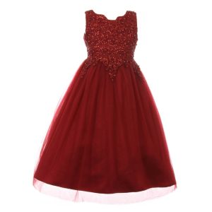 Burgunderrotes, ärmelloses Blumenmädchenkleid aus Perlenpailletten, Tüll und Satin für kleine Mädchen, Größe 4–6