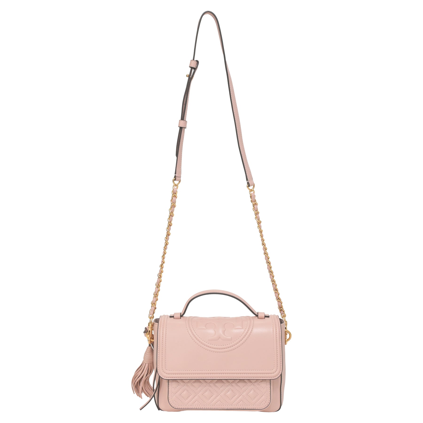 Tory Burch Kleine Fleming Quasten gesteppte Zwei-Wege-Tasche aus rosa Leder