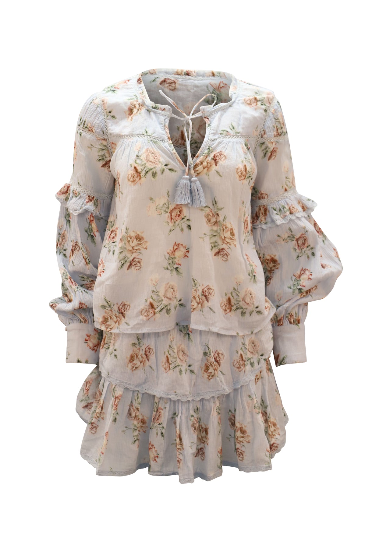 LoveShackFancy mit Blumenmuster Bluse und Rock aus blauer Baumwolle
