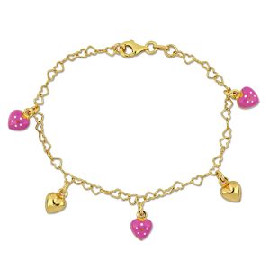 Mimi & Max Children’s 3.3mm rosa Emaille Herz Charme Link Armband in gelb vergoldet Sterling Silber – 7 in.