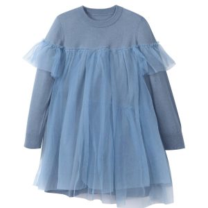 Kinder Strick Tüll Kleid in blau