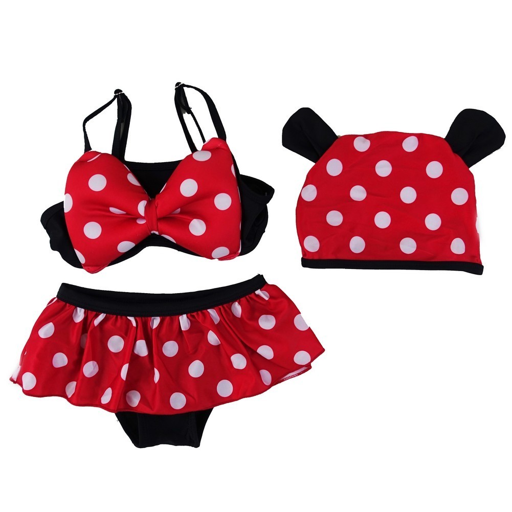 Bikini-Badeanzug für kleine Mädchen, schwarz, rot, gepunktet, Mickey-Hut, 2T-7