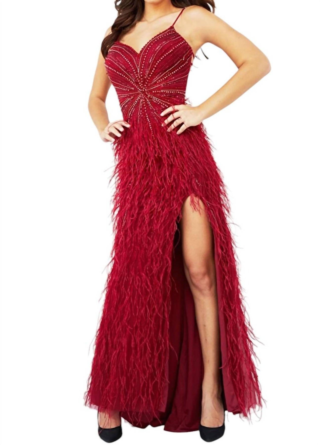 Ärmellos Perlen Mieder Feder Rock Kleid in Burg
