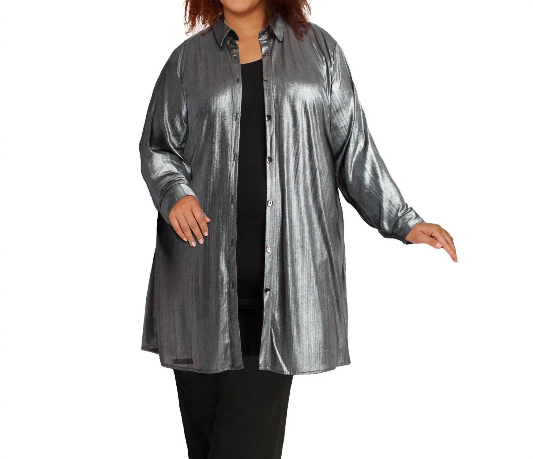 Lange Ärmel Knopf oben Rodie Oversize Tunika – Übergröße In Metallic Silber