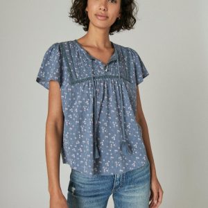 Lucky Brand Damen kurze Ärmel Pintuck Top