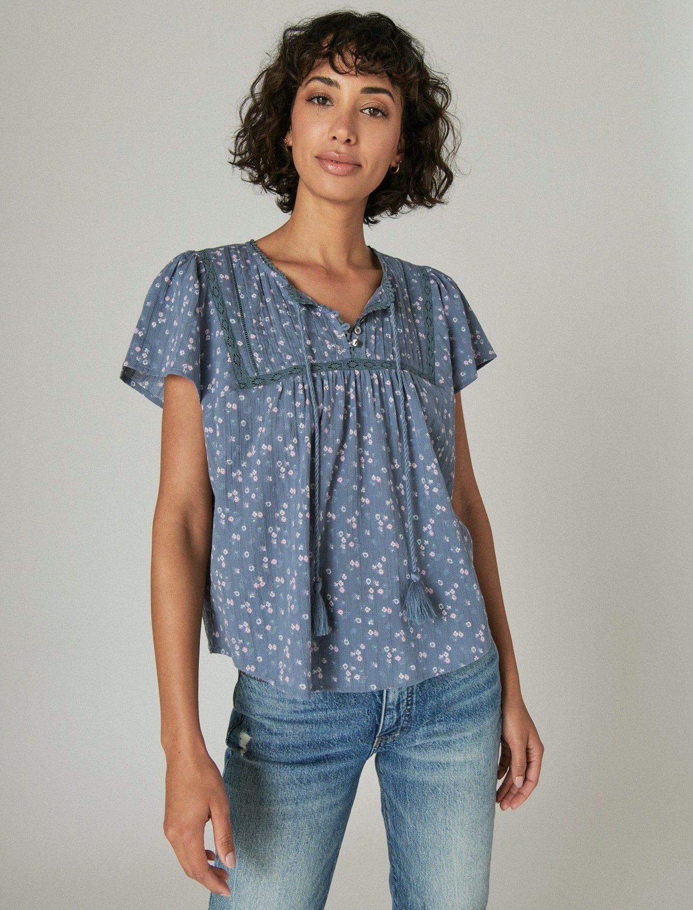 Lucky Brand Damen Kurzarm Pintuck Top