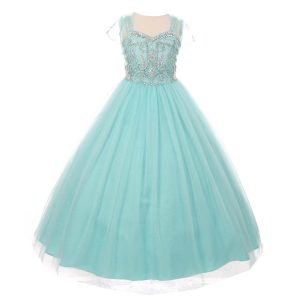Großes Mädchen-Bolero-Kleid für besondere Anlässe in Aqua, verziert mit Strasssteinen, 8–16