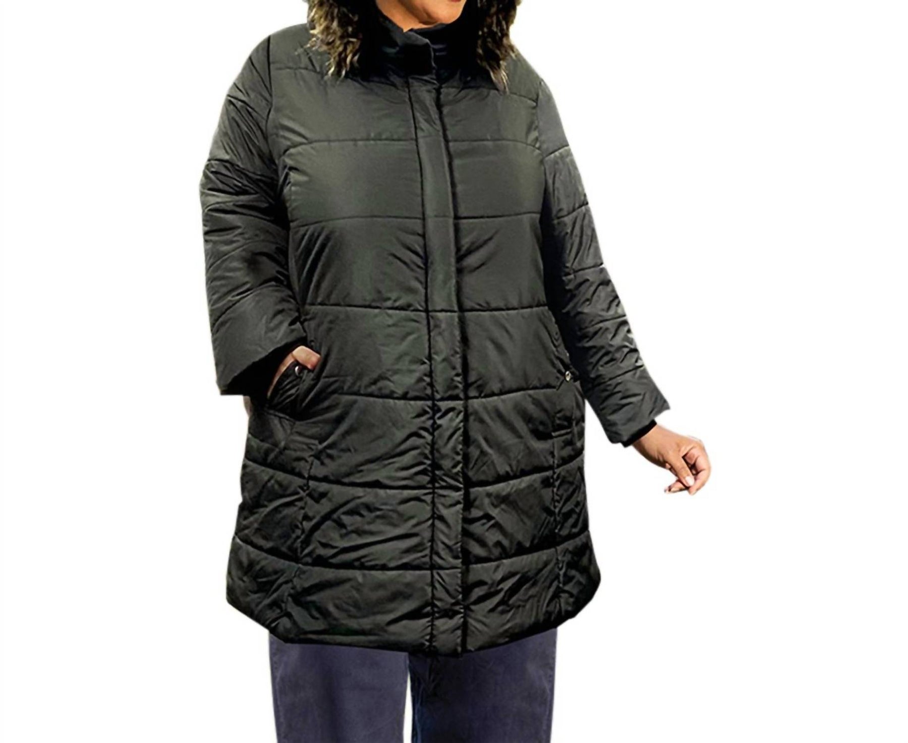 Langarm-Winter-Puff-Mantel – plus Größe in schwarz