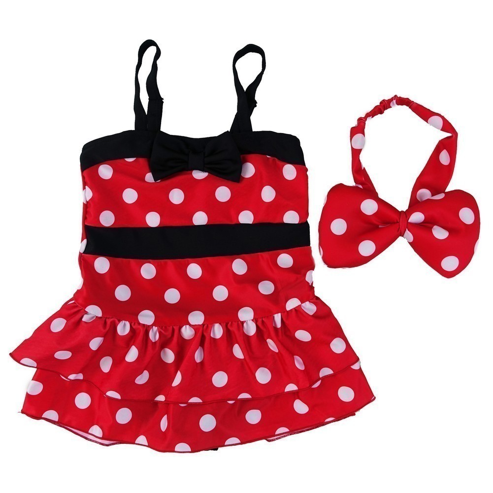 Rot-schwarz gepunkteter Mickey-Stirnband-Badeanzug für kleine Mädchen, Größe 2T-7