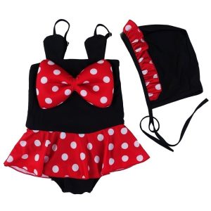 Kleine Mädchen Rot Schwarz Polka Dot Bow Mickey Kappe Badeanzug 2T-7