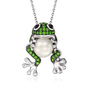 Ross-Simons 9mm Zuchtperle und. Chrom Diopside Frog Pin / Anhänger Halskette mit Onyx in Sterling Silber. 18 Zoll