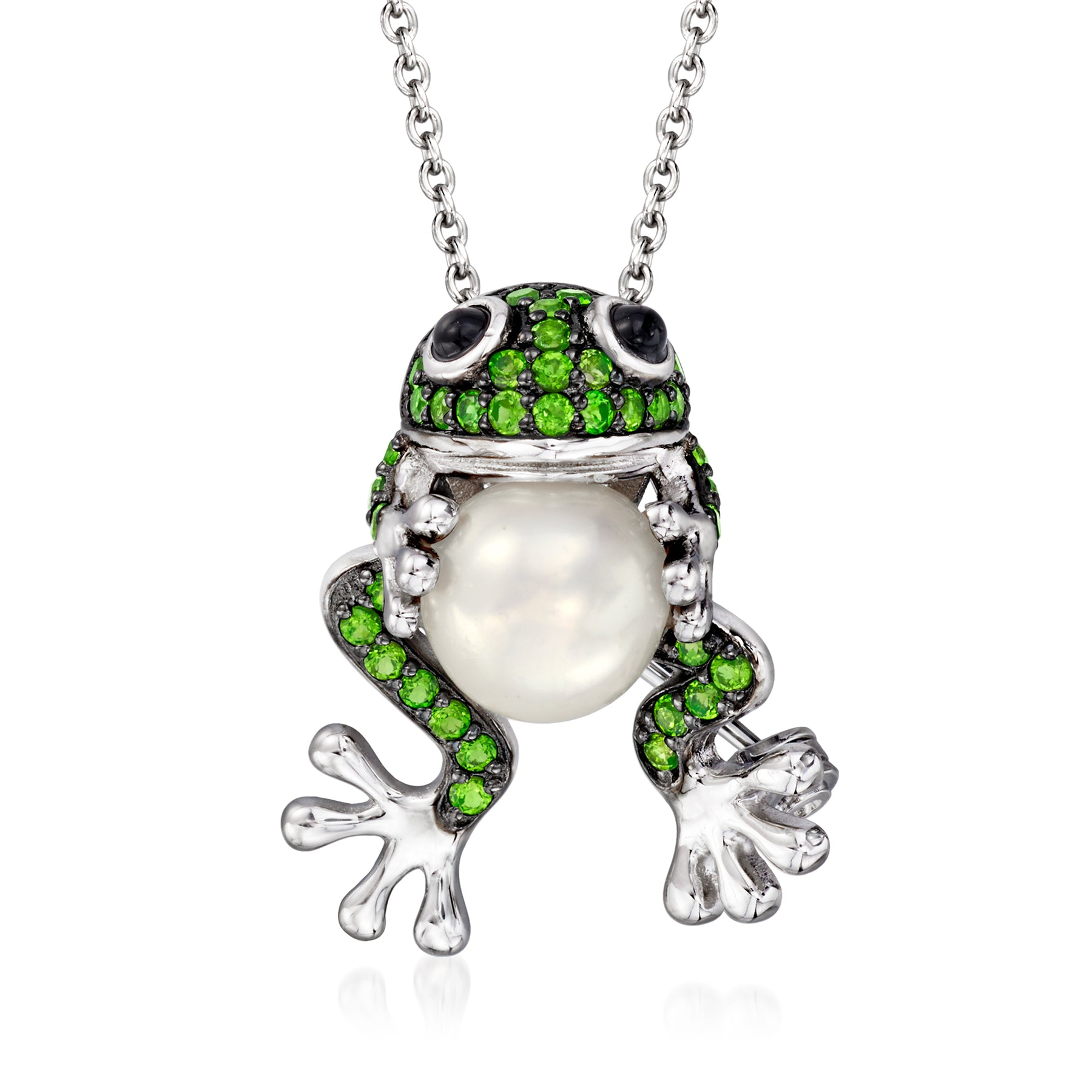 Ross-Simons 9mm Zuchtperle und. Chrom Diopside Frog Pin / Anhänger Halskette mit Onyx in Sterling Silber. 18 Zoll