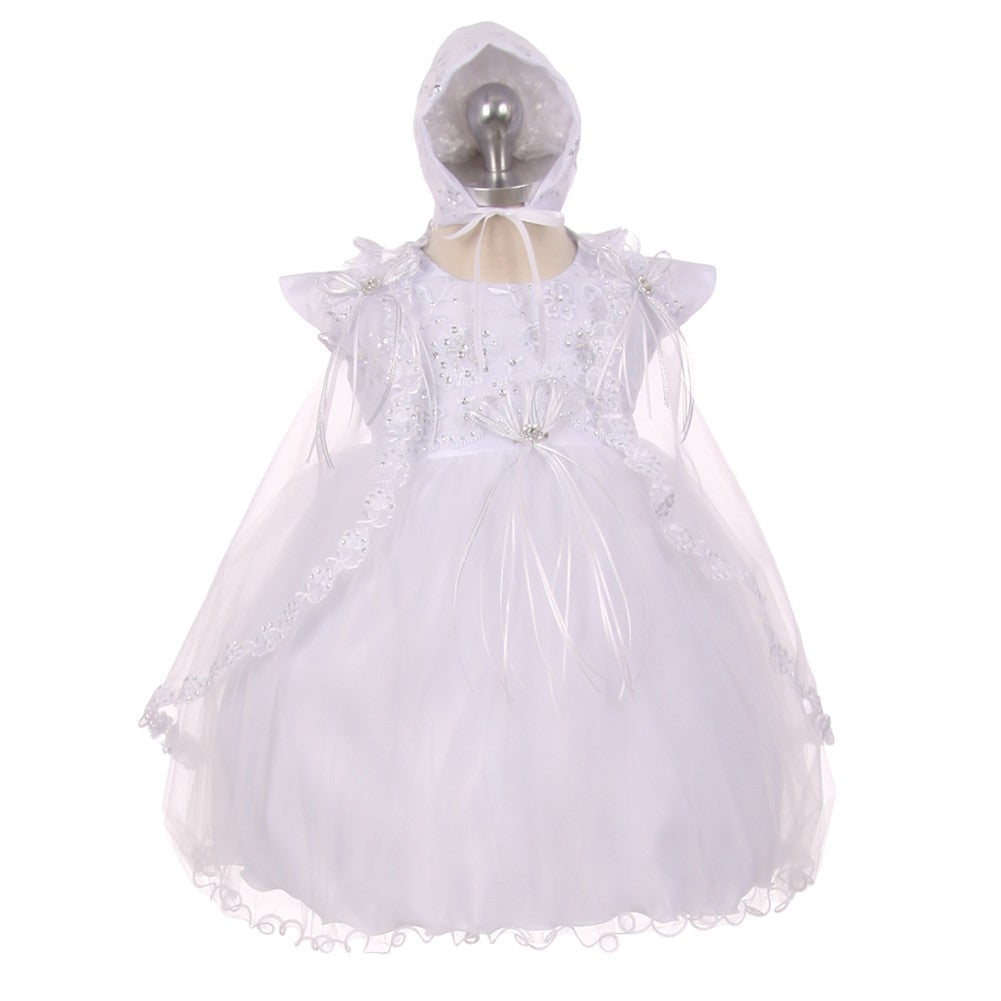 RainKids Baby Mädchen weiß Organza Tüll Cape Bonnet Taufkleid 0-24M