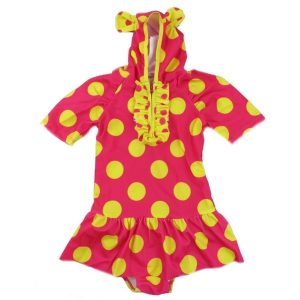 Kleine Mädchen Rot Gelb Polka Dot Muster Ärmel Kappe Badeanzug 2T-7