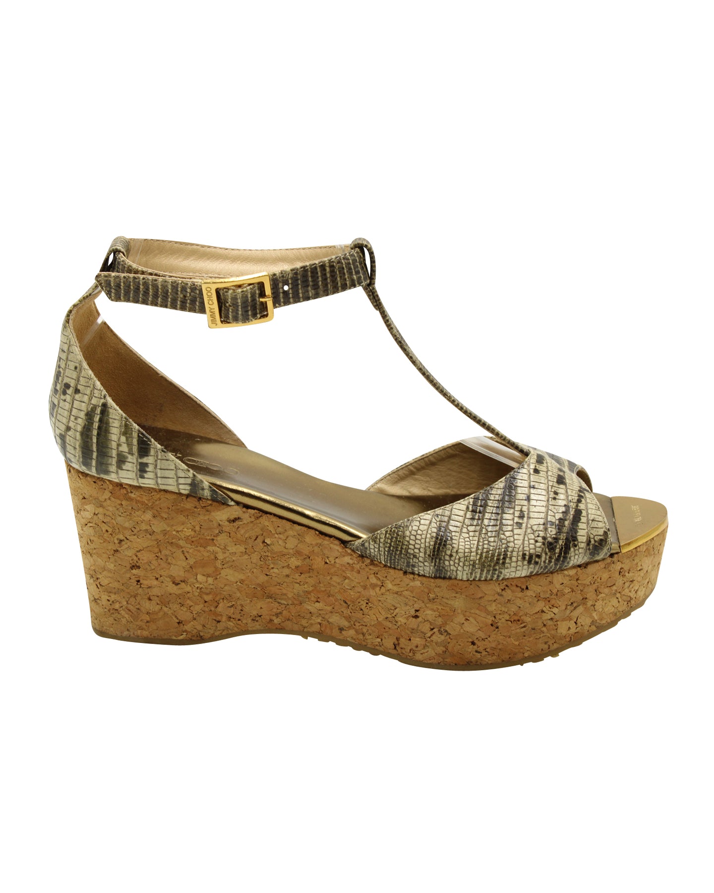Jimmy Choo Cork Keil Sandalen mit Schlangenhaut Muster in Beige Leder