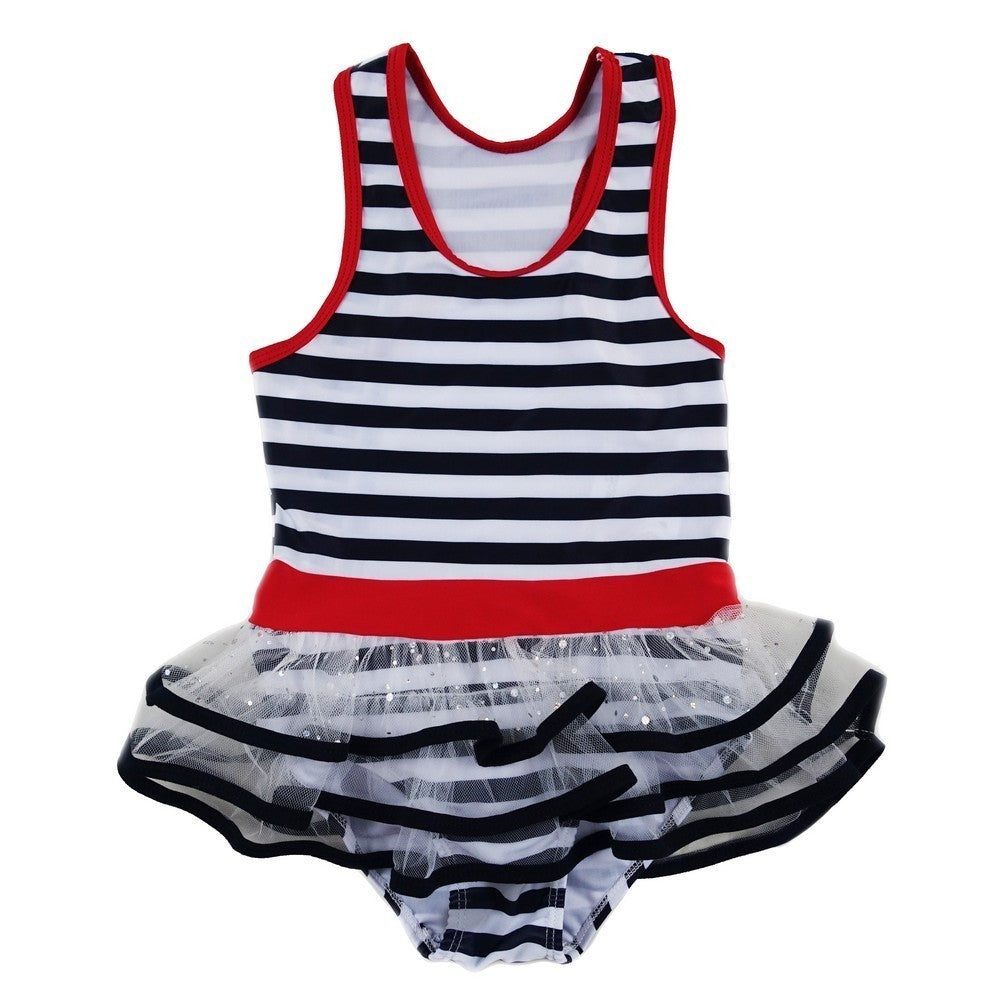 Einteiliger Badeanzug mit Rock für kleine Mädchen, marineblau, weiß, gestreift, Größe 2T-7