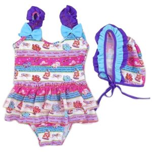 Kleine Mädchen lila blau Fashion Muster Rüschen Kappe Badeanzug 2T-7