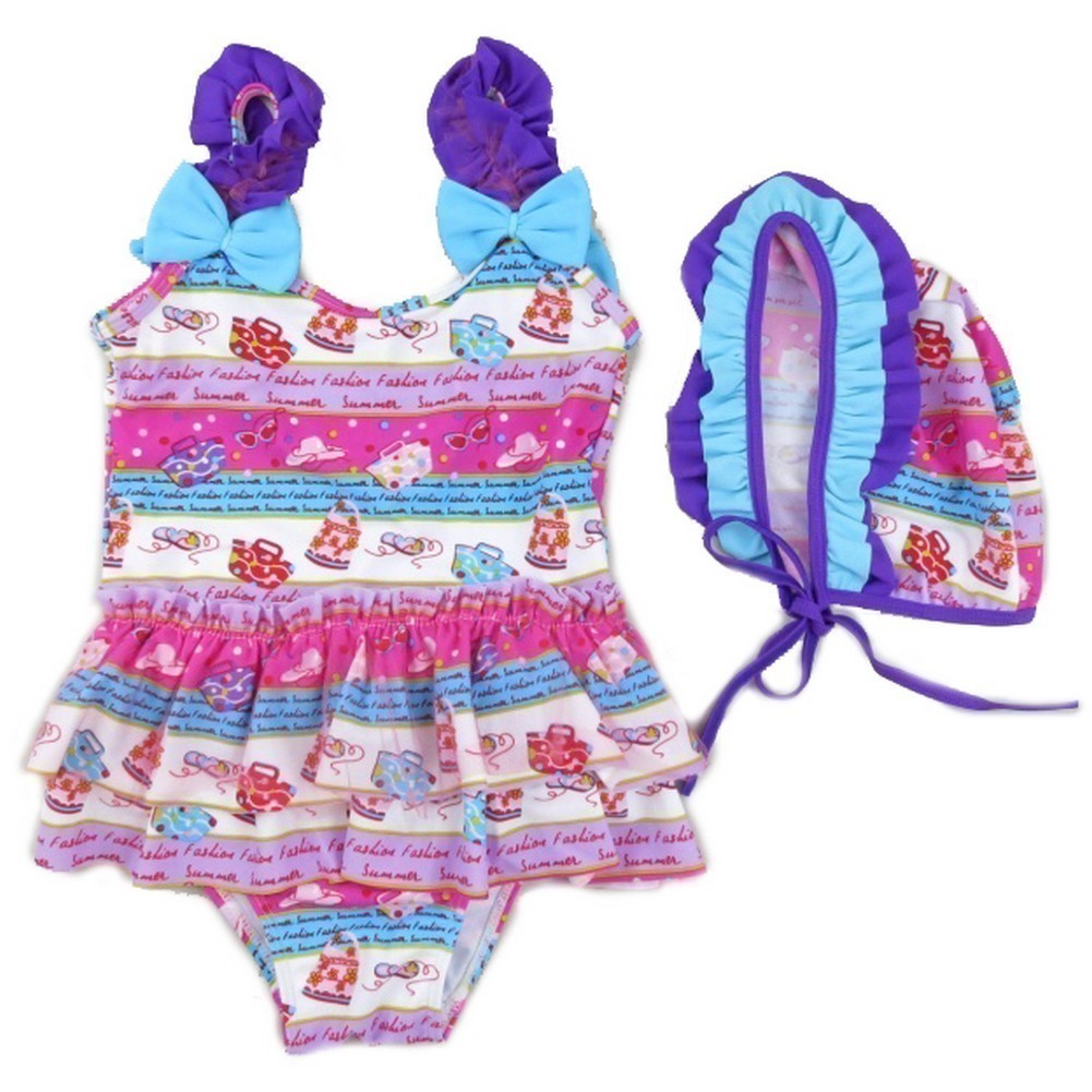 Kleine Mädchen lila blau Fashion Muster Rüschen Kappe Badeanzug 2T-7