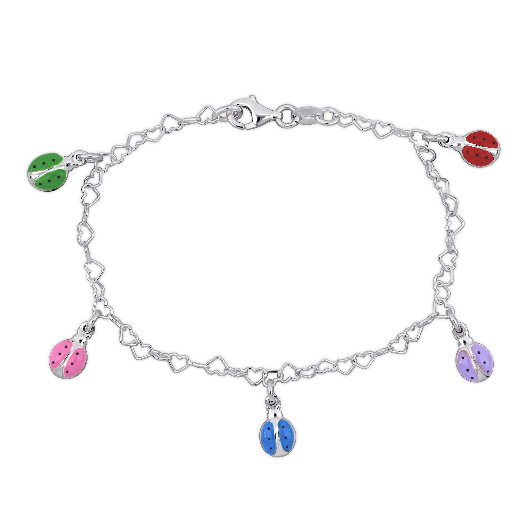 Mimi & Max Kinder Mehrfarbig-Color Emaille Marienkäfer Charm Herz Link Kette Armband in Sterling Silber – 7 in