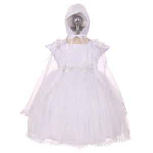 RainKids Baby Mädchen weiß funkeln Tüll Cape Haube Taufe Kleid 0-24M