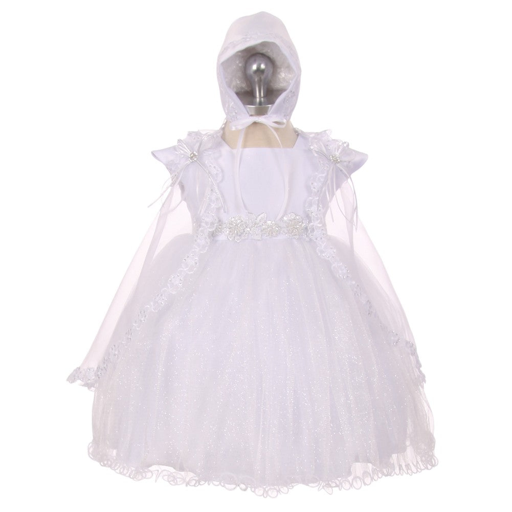 RainKids Baby Mädchen Weiß Funkelnde Tüll Cape Bonnet Taufkleid 0-24M