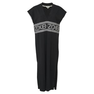Kenzo V-Ausschnitt Logo Midikleid aus schwarzer Baumwolle 7764867481660