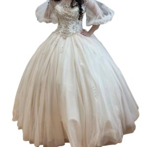 Quinceañera Puff Sleeve Kleid in dunklem Champagner 7764892647484