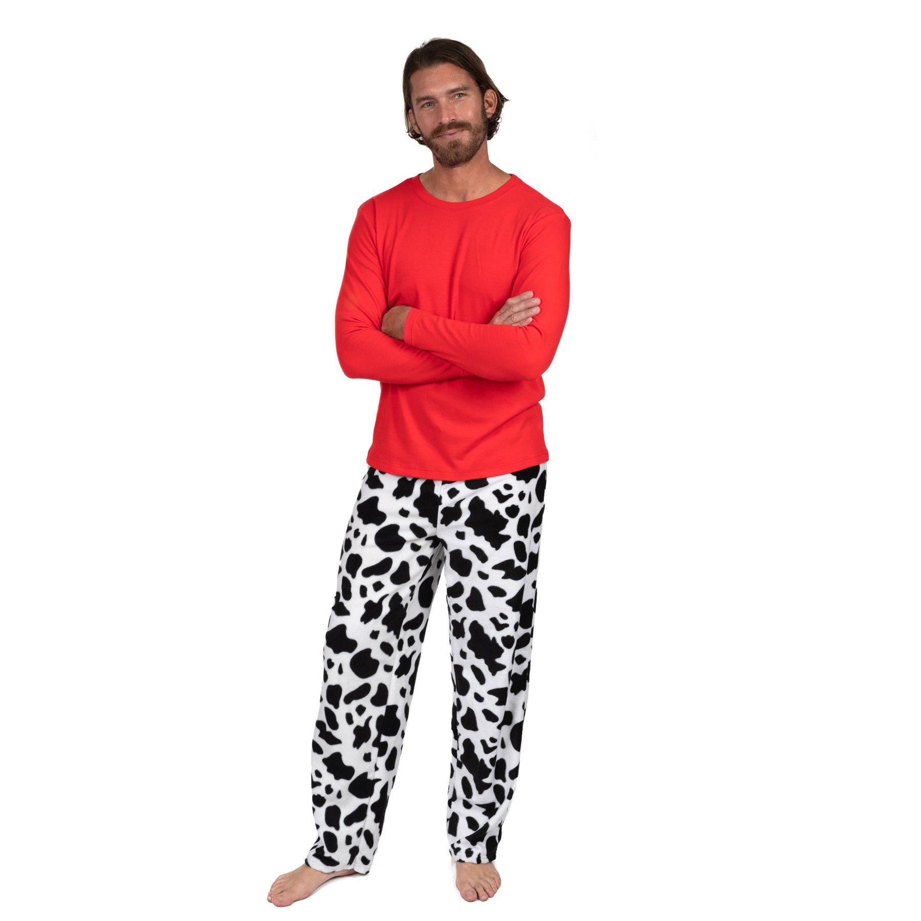 Herren Baumwoll Top und Fleece Hose Pyjamas Kuh Schwarz