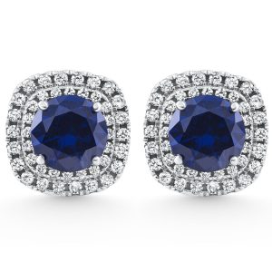 2.65Ct Kissen Halo Blau Saphir Diamant Ohrstecker 14k Weißgold Ohrring Lab gewachsen