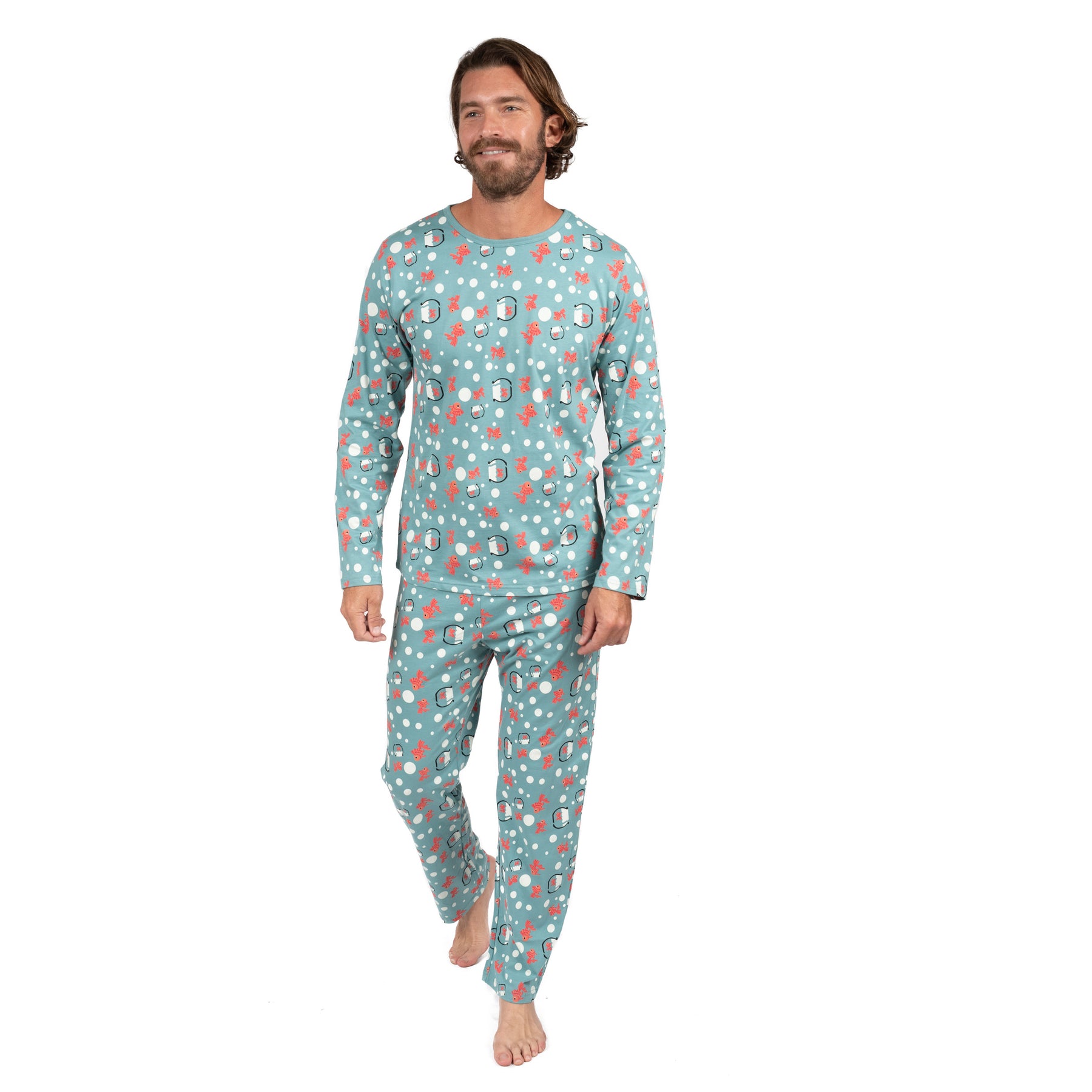 Herren zwei Stück Baumwolle locker Fit Pyjamas Fisch Top